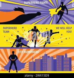 Horizontale Banner des Superhelden-Teams, die mit fliegenden Comic-Figuren ausgestattet sind, um flache, isolierte Vektorgrafiken zu unterstützen Stock Vektor