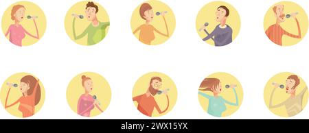 Set aus zehn runden isolierten Karaoke-Party-Ikonen mit eingravierten jungen singenden Männern und Frauen Zeichen Vektor-Illustration Stock Vektor