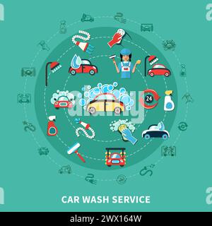 Runde Komposition mit Cartoon dekorative Symbole der Waschanlage in Seifenflocken Reinigungsmittel und Ausrüstung Vektor-Illustration Stock Vektor