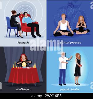 Vier quadratische Hypnose extrasensory Symbol mit spiritueller Praxis Soothsayer physikalischer Heiler Beschreibungen Vektor-Illustration gesetzt Stock Vektor
