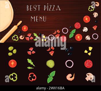 Retro Cartoon Stil Pizza Zutaten mit Tischplatte und kleine isolierte Konstruktor Scheiben Gemüse Vektor-Illustration gesetzt Stock Vektor