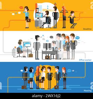 Office People – Cartoon-Banner mit horizontalen Bannern mit Mitarbeitergruppen, die an Geschäftstreffen und Unternehmensworkflows teilnehmen – flache Vektorgrafik Stock Vektor