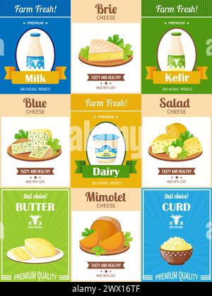Milchprodukte Poster Set mit Präsentation verschiedener Arten von Käse Butter Quark Kefir und Milch flach Vektor-Illustration Stock Vektor