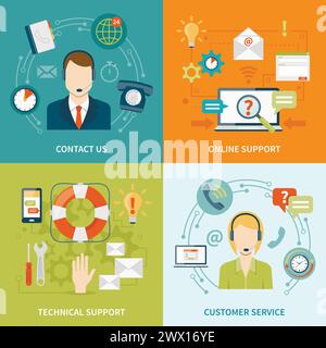 Kontaktieren Sie uns Kunden 2x2 flache Symbole Satz von Online-und Offline-Support-Services isoliert Vektor-Illustration Stock Vektor