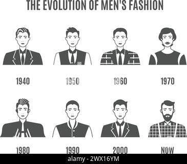 Herren Mode Schwarz Weiß Icons Set. Mode Evolution Avatar Vektor Illustration. Mann Mode Evolution Dekorative Set. Fashion Development Design Set Stock Vektor