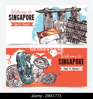 Singapur handgezeichnete Skizzenbanner mit Vektor-Illustration für den Yachthafen des Hotels, Sand in der Bucht von merlion und Orchideenbilder Stock Vektor