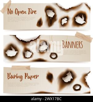 Satz horizontaler Papierbanner mit verbrannten Kanten und verbrannten Löchern in realistischer Vektorgrafik Stock Vektor