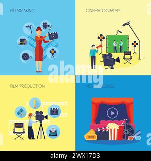 Filmkonzept 4 flache Symbole quadratisch mit Regisseur mit Lautsprecher und Kameramann abstrakt isoliert Vektor-Illustration Stock Vektor