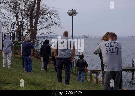 Die Zuschauer sehen die Rettungsbemühungen der Behörden, als sie nach Personen suchen, die unter den Überresten der Francis Scott Key Bridge außerhalb von Baltimore, Maryland, gefangen sind, nachdem ein Containerschiff am Dienstag, den 26. März 2024 in Baltimore, MD, USA, die Brücke getroffen hatte. Sechs Menschen werden vermisst und sind vermutlich tot, nachdem ein Containerschiff die Francis Scott Key Bridge in Baltimore getroffen hat. Die Küstenwache sagte, sie habe ihre Suche eingestellt und eine Erholungsbemühungen begonnen. Mehrere Fahrzeuge überquerten die Brücke, die mehr als 1,6 km lang ist, als sie zusammenfiel Stockfoto