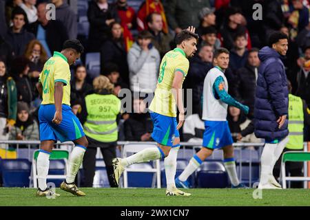 Madrid, Spanien. März 2024. Lucas Paqueta aus Brasilien feiert ein Tor während des internationalen Freundschaftsspiels zwischen Spanien und Brasilien im Santiago Bernabeu Stadion. Endpunktzahl: Spanien 3:3 Brasilien (Foto: Federico Titone/SOPA Images/SIPA USA) Credit: SIPA USA/Alamy Live News Stockfoto