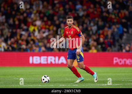 Madrid, Spanien. März 2024. Rodrigo Hernandez Cascante, bekannt als Rodri von Spanien, wurde während des internationalen Freundschaftsspiels zwischen Spanien und Brasilien im Santiago Bernabeu Stadion in Aktion gesehen. Endpunktzahl: Spanien 3:3 Brasilien (Foto: Federico Titone/SOPA Images/SIPA USA) Credit: SIPA USA/Alamy Live News Stockfoto