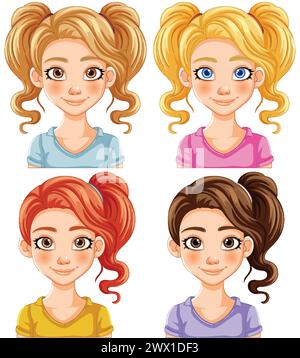Vier Zeichentrickmädchen mit verschiedenen Frisuren und Farben Stock Vektor