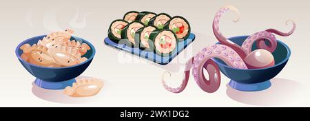 Traditionelles asiatisches Essen, isoliert im Hintergrund. Vektor-Karikaturillustration von heißen Klößen, Kraken-Tentakeln in Schüssel, Fischbrötchen auf Teller, chinesische, koreanische, japanische Gerichte, Restaurantmenü Stock Vektor