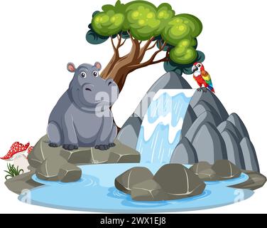 Farbenfrohe Illustration der Tierwelt mit einem Wasserfall Stock Vektor