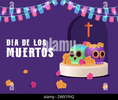 Dia de los muertos bedeutet Tag der Toten. Mexikanisches Feiertagsfest Vorlage Banner Vektor Illustration. Stock Vektor