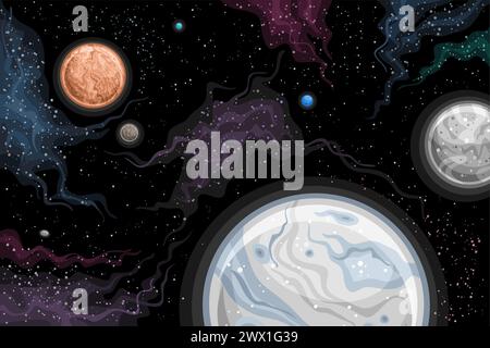 Vector Fantasy Space Chart, horizontales astronomisches Poster mit Zeichentrickdesign Zwergplaneten Makemake und Eris mit Monden im tiefen Raum, dekoratives Fu Stock Vektor