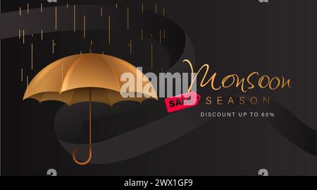 Monsun-Saison-Angebot mit realistischer 3D-Regenschirm-Vektor-Illustration. Geeignet für Poster, Banner, Flyer, Webheader und Anzeigenseitendesign. Stock Vektor