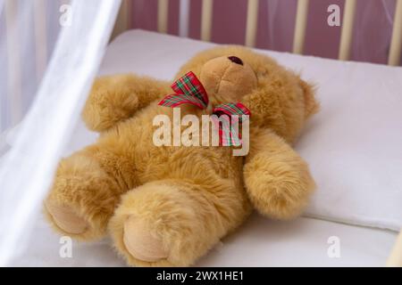 In der Wiege liegt ein brauner Teddybär, der die Geburt eines Babys erwartet Stockfoto