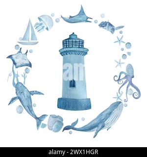 Sea LIFE Aquarell handgezeichnete blaue monochromatische runde Rahmenkomposition mit einem Leuchtturm isoliert auf weiß. Stockfoto