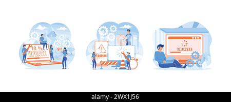 Systemaktualisierungen, bei denen Benutzer den Betrieb in Rechen- und Installationsprogrammen aktualisieren. Technischer Fehler und Service. System-Update-Konzept. Flaches Fahrzeug einstellen Stock Vektor