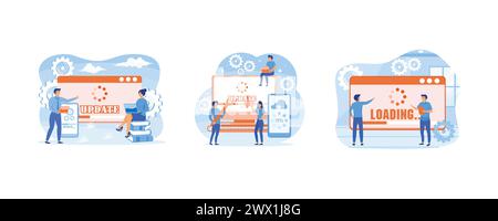 System-Update-Konzept. Systemaktualisierungen, bei denen Benutzer den Betrieb in Rechen- und Installationsprogrammen aktualisieren. Anzeigen von Personen, die das Betriebssystem aktualisieren. S Stock Vektor