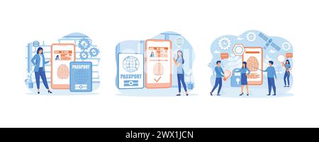 Biometrische Dokumente in der Smartphone-App. Digitaler Reisepass und Führerschein. Fingerauthentifizierung, Fingerabdruck-Screening-Sicherheitssystem, Betrugserkennung Stock Vektor