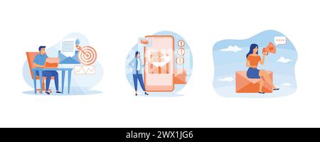 E-Mail-Marketing-Konzept. E-Mail-Service, E-Mail-Marketing-Konzept. Abonnieren und E-Mail-Newsletter für Rabatte oder Werbeaktionen senden Stock Vektor