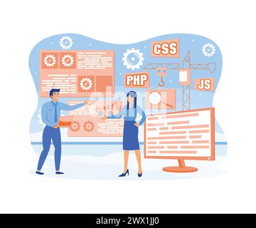 Web-Entwicklungskonzept. Das Entwicklerteam erstellt eine Webanwendungsszene. Komplette Stack-Entwicklung, Software-Engineering, Design und Programmierung. Flach V Stock Vektor