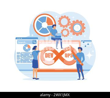 DevOps Konzept Tiny Programmers üben Entwicklung und Software Operations Software Engineering Kultur Computer System Administration. Flacher Vektor Stock Vektor