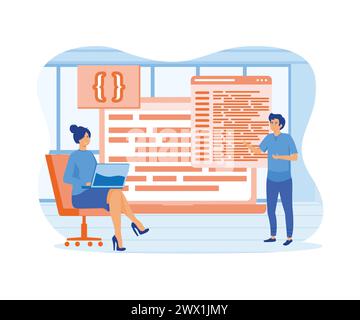 Entwickler und DevOps. Technische Supportteams arbeiten zusammen, um ein technisches System zu entwickeln. Moderne Illustration des flachen Vektors Stock Vektor