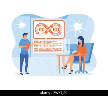 Team von Programmiererkonzepten mit devops-Software-Entwicklungspraktiken. Moderne Illustration des flachen Vektors Stock Vektor