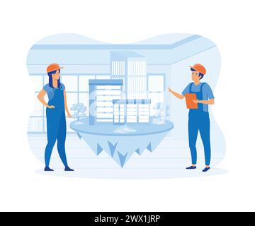 Gruppenarchitekten erstellen und konstruieren ein Stadtprojekt. Kreative Menschen bauen eine Stadt des Traums auf. Moderne Illustration des flachen Vektors Stock Vektor