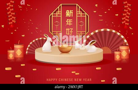 Übersetzung : Chinesisches Neujahr 2023 Jahr des Kaninchens. Chinesische Zodiac-Vorlage, Poster-Banner-Flyer für Chinesisches Neujahrsvektor-Illustration Stock Vektor