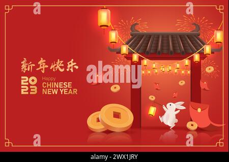 Übersetzung : Chinesisches Neujahr 2023 Jahr des Kaninchens. Chinesische Zodiac-Vorlage, Poster-Banner-Flyer für Chinesisches Neujahrsvektor-Illustration Stock Vektor