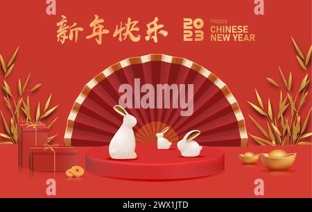 Übersetzung : Chinesisches Neujahr 2023 Jahr des Kaninchens. Chinesische Zodiac-Vorlage, Poster-Banner-Flyer für Chinesisches Neujahrsvektor-Illustration Stock Vektor