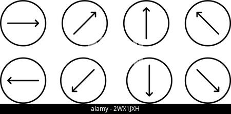 Wischen Sie die Symbolgruppe. Pfeil auf Kreissymbol. Pfeil nach oben, unten, links, rechts und diagonal. Abstraktes Bildlaufsymbol für soziale Medien. Schild verschieben Stock Vektor