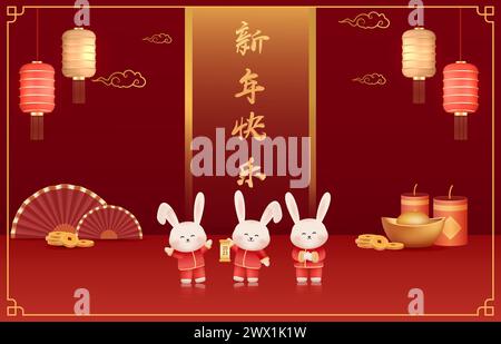 Übersetzung : Chinesisches Neujahr 2023 Jahr des Kaninchens. Chinesische Zodiac-Vorlage, Poster-Banner-Flyer für Chinesisches Neujahrsvektor-Illustration Stock Vektor