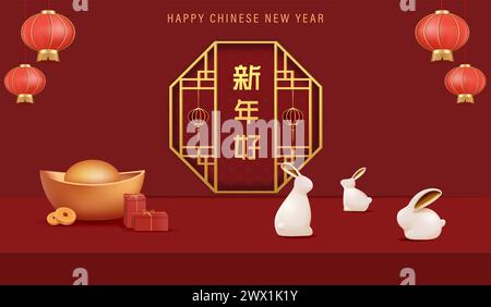 Übersetzung : Chinesisches Neujahr 2023 Jahr des Kaninchens. Chinesische Zodiac-Vorlage, Poster-Banner-Flyer für Chinesisches Neujahrsvektor-Illustration Stock Vektor