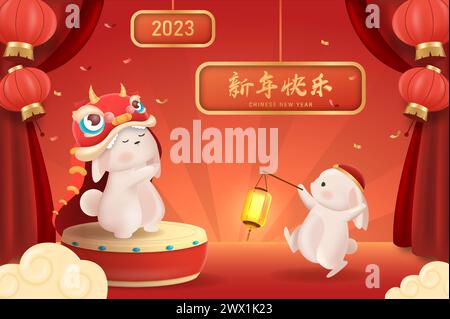 Übersetzung : Chinesisches Neujahr 2023 Jahr des Kaninchens. Chinesische Zodiac-Vorlage, Poster-Banner-Flyer für Chinesisches Neujahrsvektor-Illustration Stock Vektor