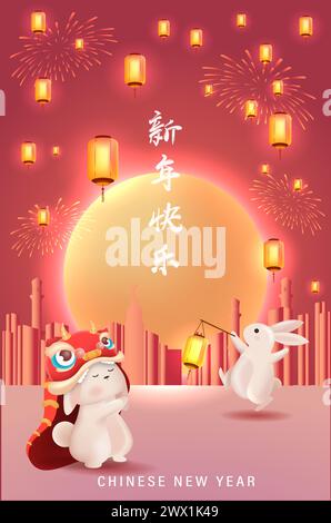 Übersetzung : Chinesisches Neujahr 2023 Jahr des Kaninchens. Chinesische Zodiac-Vorlage, Poster-Banner-Flyer für Chinesisches Neujahrsvektor-Illustration Stock Vektor