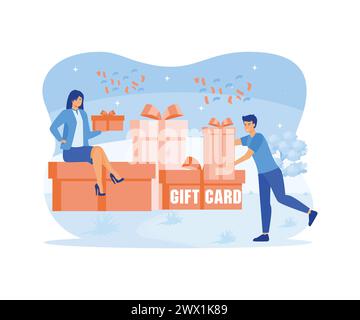 Geschenkkarte oder Rabattgutschein. Mann und Frau stehen neben Kisten und Geschenke mit Schleife und Schleife. Sonderangebot von Geschäften, um Kunden zu gratulieren Stock Vektor