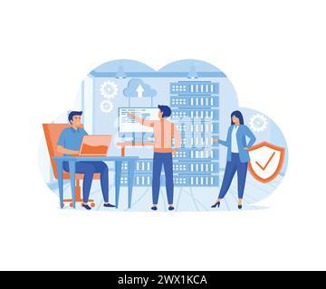 Systemadministrator, der den Server pflegt, das Netzwerk und die PC-Hardware anpasst. Verwaltung, Wartung des Rechenzentrums. Flacher Vektor moderne Illustratio Stock Vektor