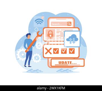 Software aktualisieren, Systemwartung, Aktualisierungsprozess, Software installieren, Betriebssystemkonzept. Moderne Illustration des flachen Vektors Stock Vektor
