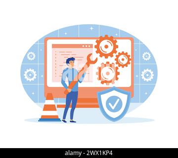Systemwartungskonzept. Programm und Anwendung aktualisieren, Fehler, Fehlerbehebung, Geräteaktualisierung. Moderne Illustration des flachen Vektors Stock Vektor