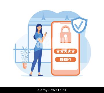 Frau, die auf dem Smartphone-Bildschirm eine einmalige Passwortverifizierung für die mobile App verwendet. Moderne Illustration des flachen Vektors Stock Vektor