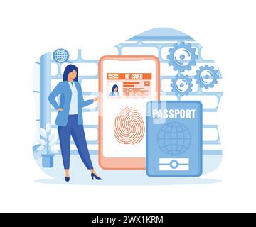 Biometrische Dokumente in der Smartphone-App. Smart ID Card Konzept. Digitaler Reisepass und Führerschein. Elektronischer Personalausweis. Flache Vektoren, moderne Illust Stock Vektor