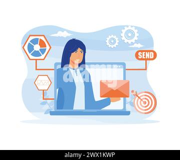 E-Mail-Marketing, Mailing-Service-Konzept. Manager, der Nachrichten über ein Marketingautomatisierungssystem sendet. E-Mail-Kampagne, Newsletter. Internet-Marketingspezialist usi Stock Vektor