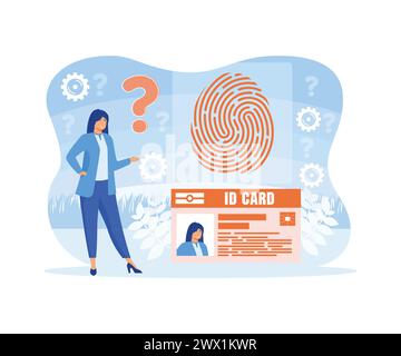 Persönliche ID und biometrische Zugangskontrolle. Person, die Identitätsausweis und Fingerabdruckscanner für den Zugangsausweis verwendet. Moderne Illustration des flachen Vektors Stock Vektor