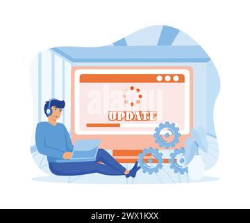Systemaktualisierung. Das Programmiergerät hinter dem Computerbildschirm. Neue Softwareversion. Update-Prozess wird installiert. Moderne Illustration des flachen Vektors Stock Vektor