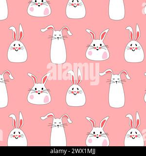 Nahtloses Muster mit süßen weißen Kaninchen mit Blumen. Osterhasen zum Bedrucken von Kinderprodukten, Stoff und Tapeten auf rosa Hintergrund. Zeichentrickgrafik-Vektor-Illustration. Stock Vektor
